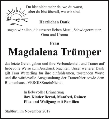 Traueranzeige von Magdalena Trümper  von Magdeburger Volksstimme