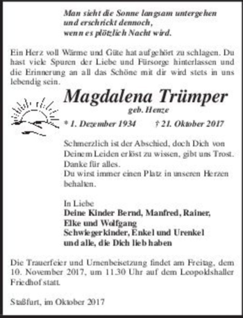 Traueranzeige von Magdalena Trümper (geb. Henze)  von Magdeburger Volksstimme