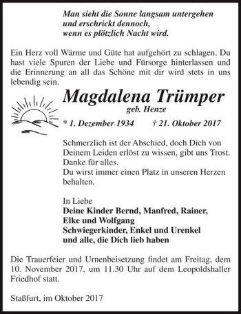 Traueranzeige von Magdalena Trümper (geb. Henze)  von Magdeburger Volksstimme