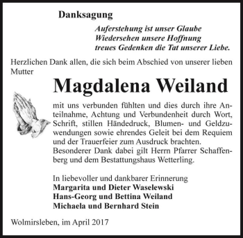 Traueranzeige von Magdalena Weiland  von Magdeburger Volksstimme