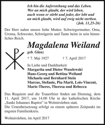 Traueranzeige von Magdalena Weiland (geb. Glanz)  von Magdeburger Volksstimme