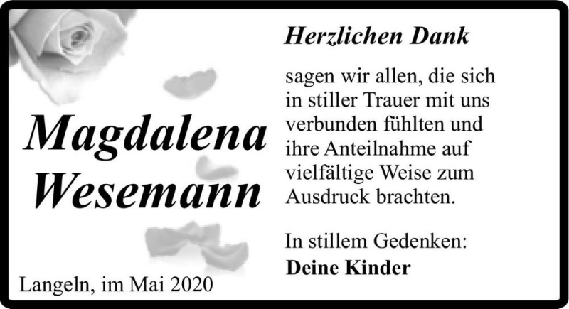  Traueranzeige für Magdalena Wesemann  vom 23.05.2020 aus Magdeburger Volksstimme