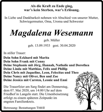 Traueranzeige von Magdalena Wesemann (geb. Müller)  von Magdeburger Volksstimme