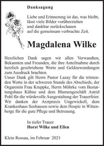 Traueranzeige von Magdalena Wilke  von Magdeburger Volksstimme