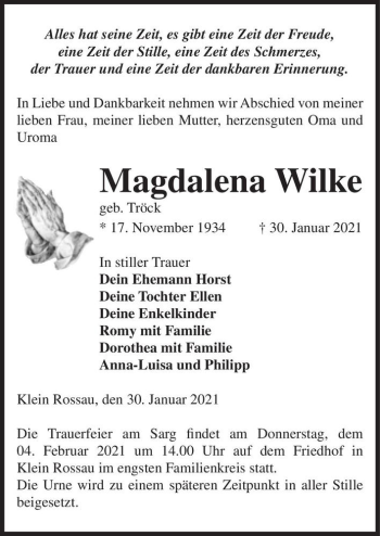 Traueranzeige von Magdalena Wilke (geb. Tröck)  von Magdeburger Volksstimme