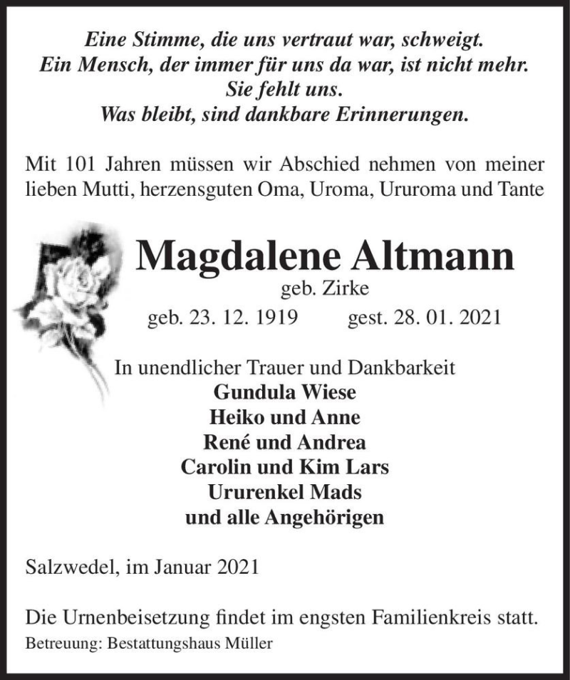  Traueranzeige für Magdalene Altmann (geb. Zirke)  vom 30.01.2021 aus Magdeburger Volksstimme