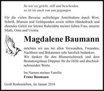 Traueranzeige von Magdalene Baumann  von Magdeburger Volksstimme