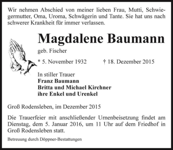 Traueranzeige von Magdalene Baumann (geb. Fischer)  von Magdeburger Volksstimme