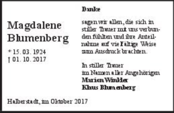 Traueranzeige von Magdalene Blumenberg  von Magdeburger Volksstimme