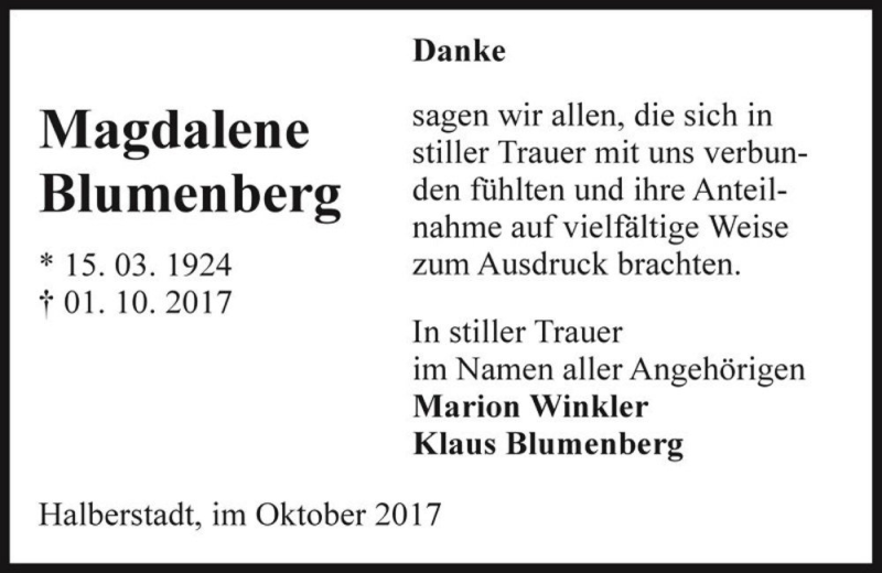  Traueranzeige für Magdalene Blumenberg  vom 28.10.2017 aus Magdeburger Volksstimme