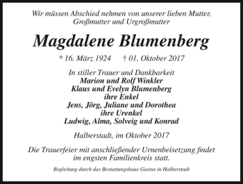Traueranzeige von Magdalene Blumenberg  von Magdeburger Volksstimme