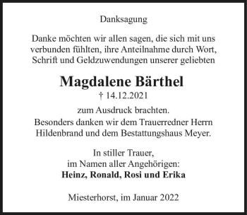 Traueranzeige von Magdalene Bärthel  von Magdeburger Volksstimme