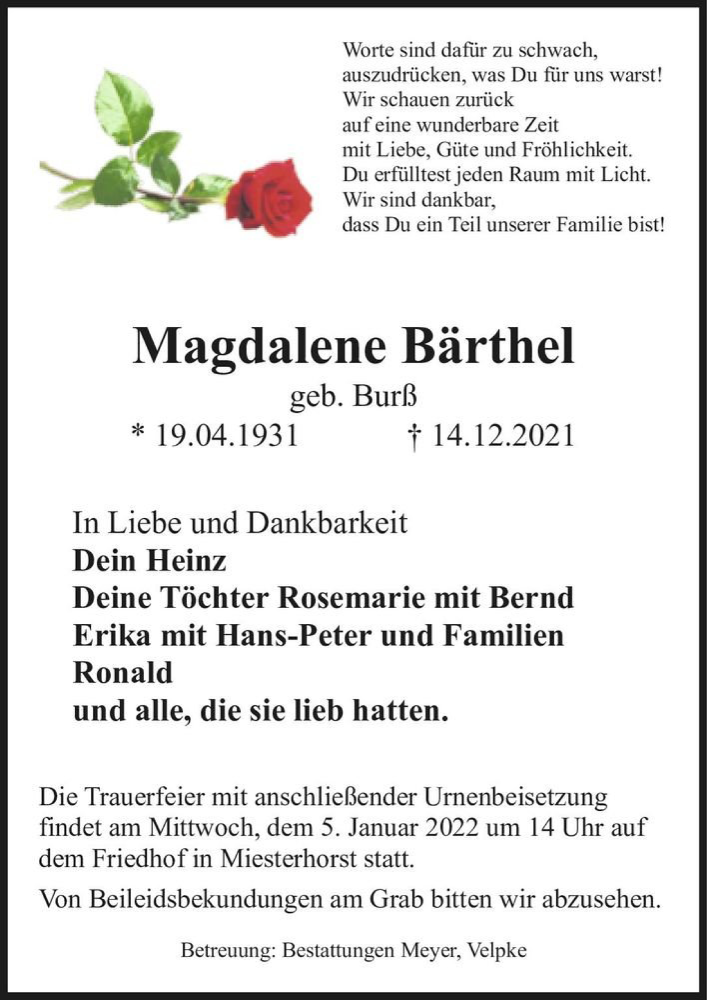  Traueranzeige für Magdalene Bärthel (geb. Burß)  vom 28.12.2021 aus Magdeburger Volksstimme