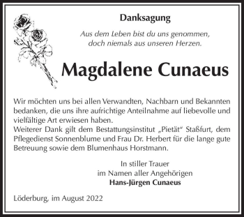 Traueranzeige von Magdalene Cunaeus  von Magdeburger Volksstimme