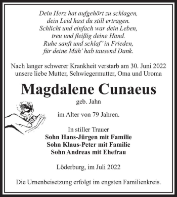 Traueranzeige von Magdalene Cunaeus (geb. Jahn)  von Magdeburger Volksstimme