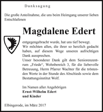 Traueranzeige von Magdalene Edert  von Magdeburger Volksstimme