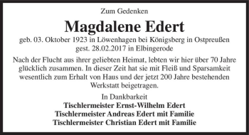 Traueranzeige von Magdalene Edert  von Magdeburger Volksstimme