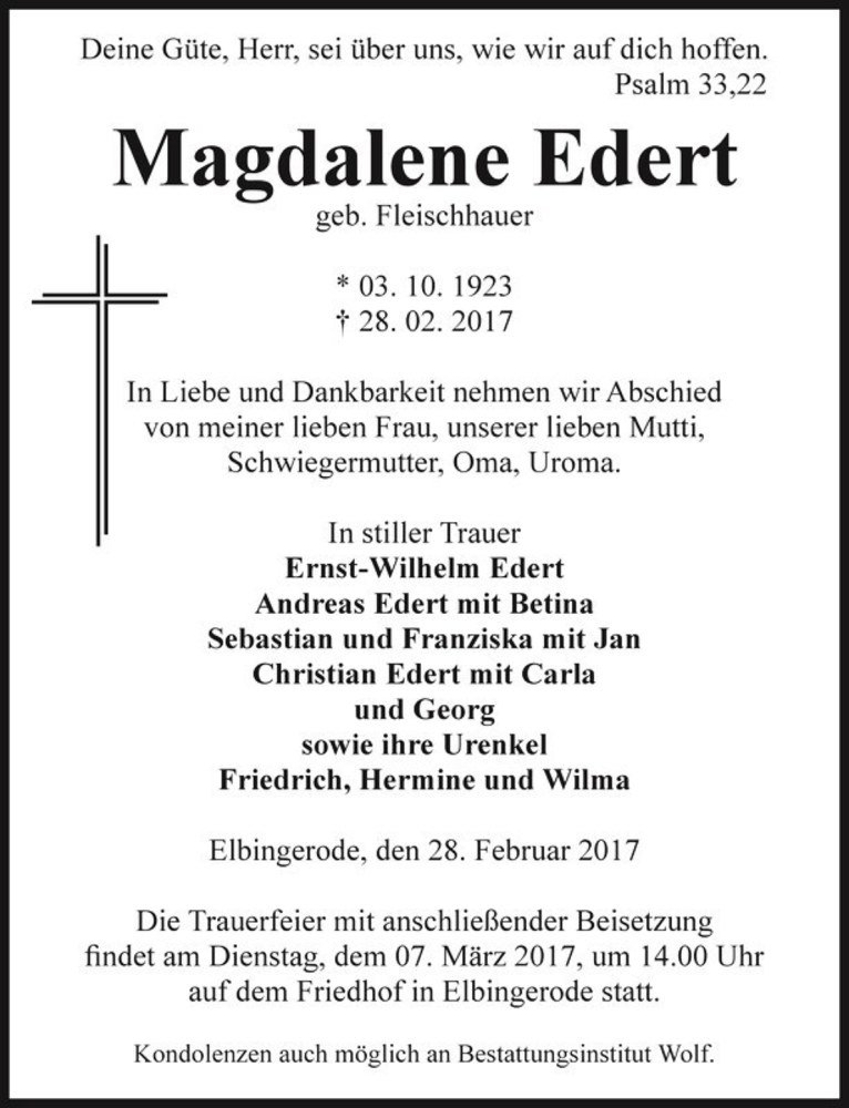  Traueranzeige für Magdalene Edert (geb. Fleischhauer)  vom 04.03.2017 aus Magdeburger Volksstimme
