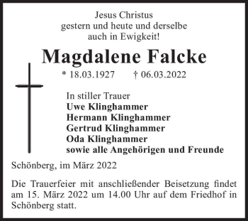 Traueranzeige von Magdalene Falcke  von Magdeburger Volksstimme