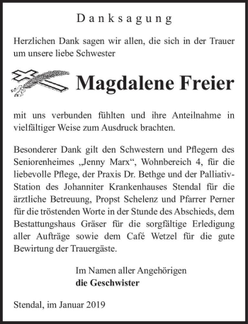 Traueranzeige von Magdalene Freier  von Magdeburger Volksstimme