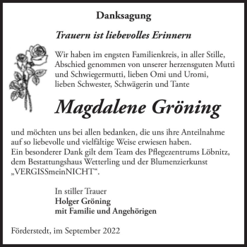 Traueranzeige von Magdalene Gröning  von Magdeburger Volksstimme