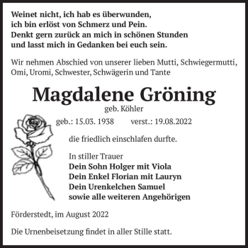 Traueranzeige von Magdalene Gröning (geb. Köhler)  von Magdeburger Volksstimme