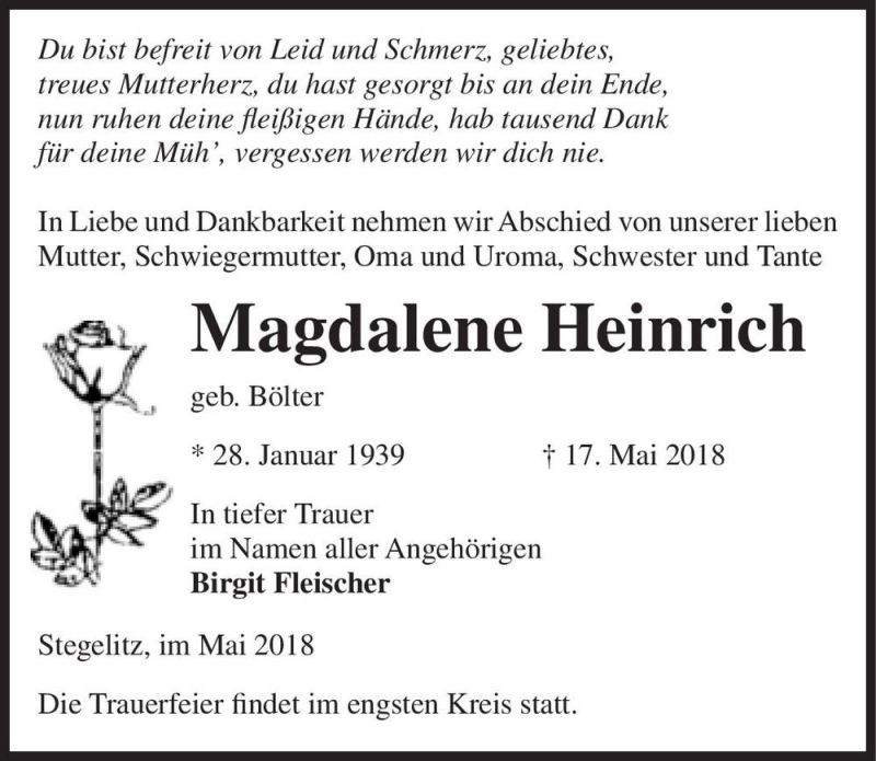  Traueranzeige für Magdalene Heinrich (geb. Bölter)  vom 26.05.2018 aus Magdeburger Volksstimme