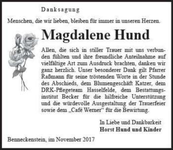 Traueranzeige von Magdalene Hund  von Magdeburger Volksstimme