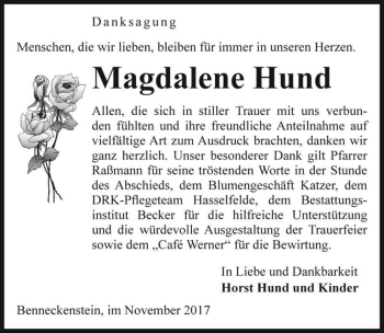 Traueranzeige von Magdalene Hund  von Magdeburger Volksstimme