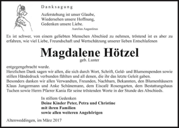 Traueranzeige von Magdalene Hötzel (geb. Luster)  von Magdeburger Volksstimme