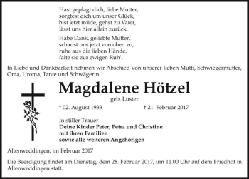 Traueranzeige von Magdalene Hötzel (geb. Luster)  von Magdeburger Volksstimme