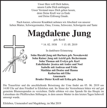 Traueranzeige von Magdalene Jung (geb. Kreiß)  von Magdeburger Volksstimme