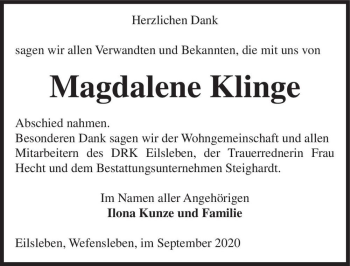 Traueranzeige von Magdalene Klinge  von Magdeburger Volksstimme