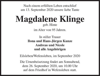 Traueranzeige von Magdalene Klinge (geb. Hinte)  von Magdeburger Volksstimme