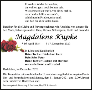 Traueranzeige von Magdalene Kupke  von Magdeburger Volksstimme
