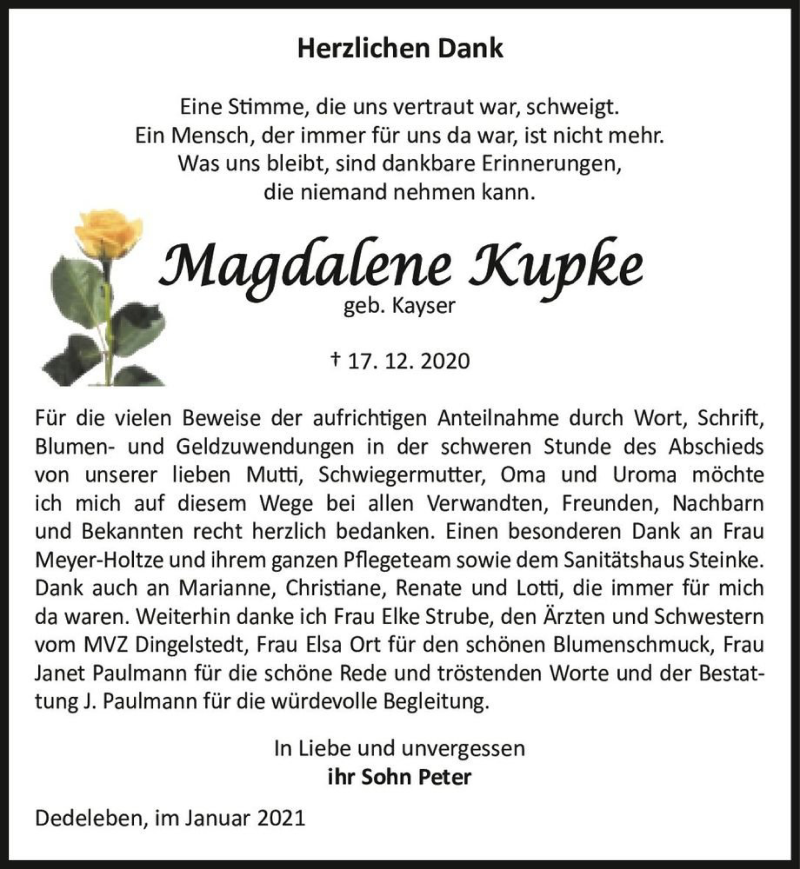  Traueranzeige für Magdalene Kupke (geb. Kayser)  vom 16.01.2021 aus Magdeburger Volksstimme
