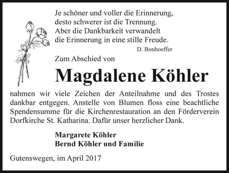  Traueranzeige für Magdalene Köhler  vom 22.04.2017 aus Magdeburger Volksstimme