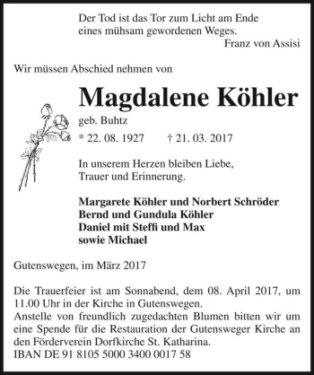 Traueranzeige von Magdalene Köhler (geb. Buhtz)  von Magdeburger Volksstimme
