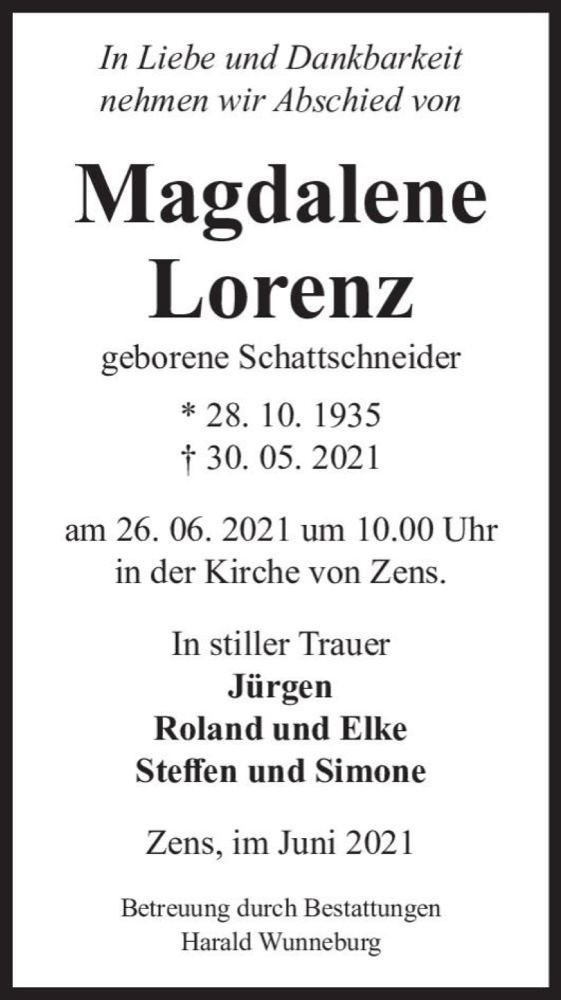  Traueranzeige für Magdalene Lorenz (geb. Schattschneider)  vom 19.06.2021 aus Magdeburger Volksstimme