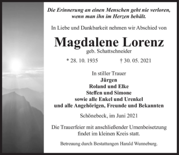 Traueranzeige von Magdalene Lorenz (geb. Schattschneider)  von Magdeburger Volksstimme