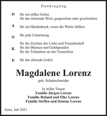 Traueranzeige von Magdalene Lorenz (geb. Schattschneider)  von Magdeburger Volksstimme
