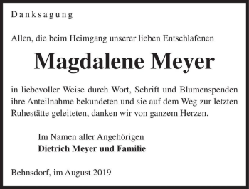 Traueranzeige von Magdalene Meyer  von Magdeburger Volksstimme