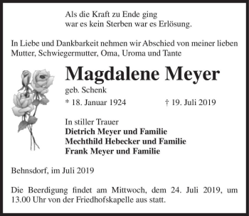 Traueranzeige von Magdalene Meyer (geb. Schenk)  von Magdeburger Volksstimme