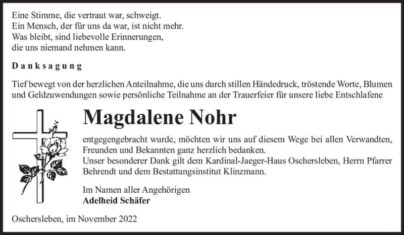  Traueranzeige für Magdalene Nohr  vom 12.11.2022 aus Magdeburger Volksstimme