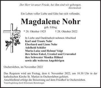 Traueranzeige von Magdalene Nohr (geb. Eiling)  von Magdeburger Volksstimme
