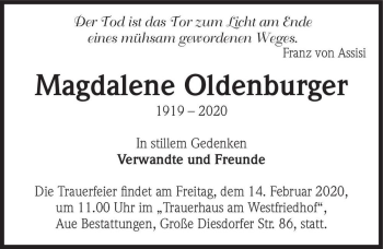 Traueranzeige von Magdalene Oldenburger  von Magdeburger Volksstimme