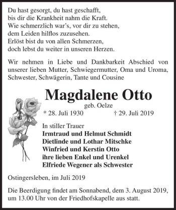 Traueranzeige von Magdalene Otto (geb. Oelze)  von Magdeburger Volksstimme