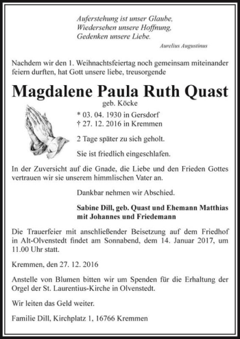 Traueranzeige von Magdalene Paula Ruth Quast (geb. Köcke)  von Magdeburger Volksstimme