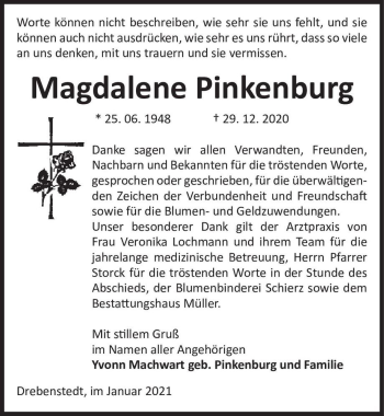 Traueranzeige von Magdalene Pinkenburg  von Magdeburger Volksstimme