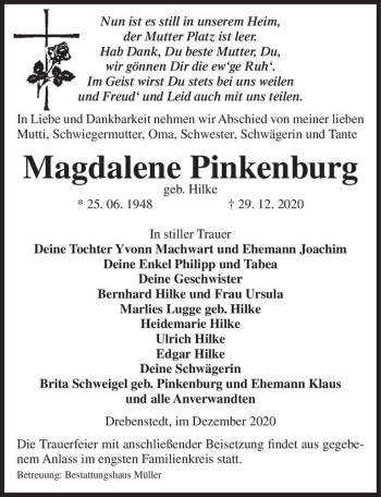 Traueranzeige von Magdalene Pinkenburg (geb. Hilke)  von Magdeburger Volksstimme